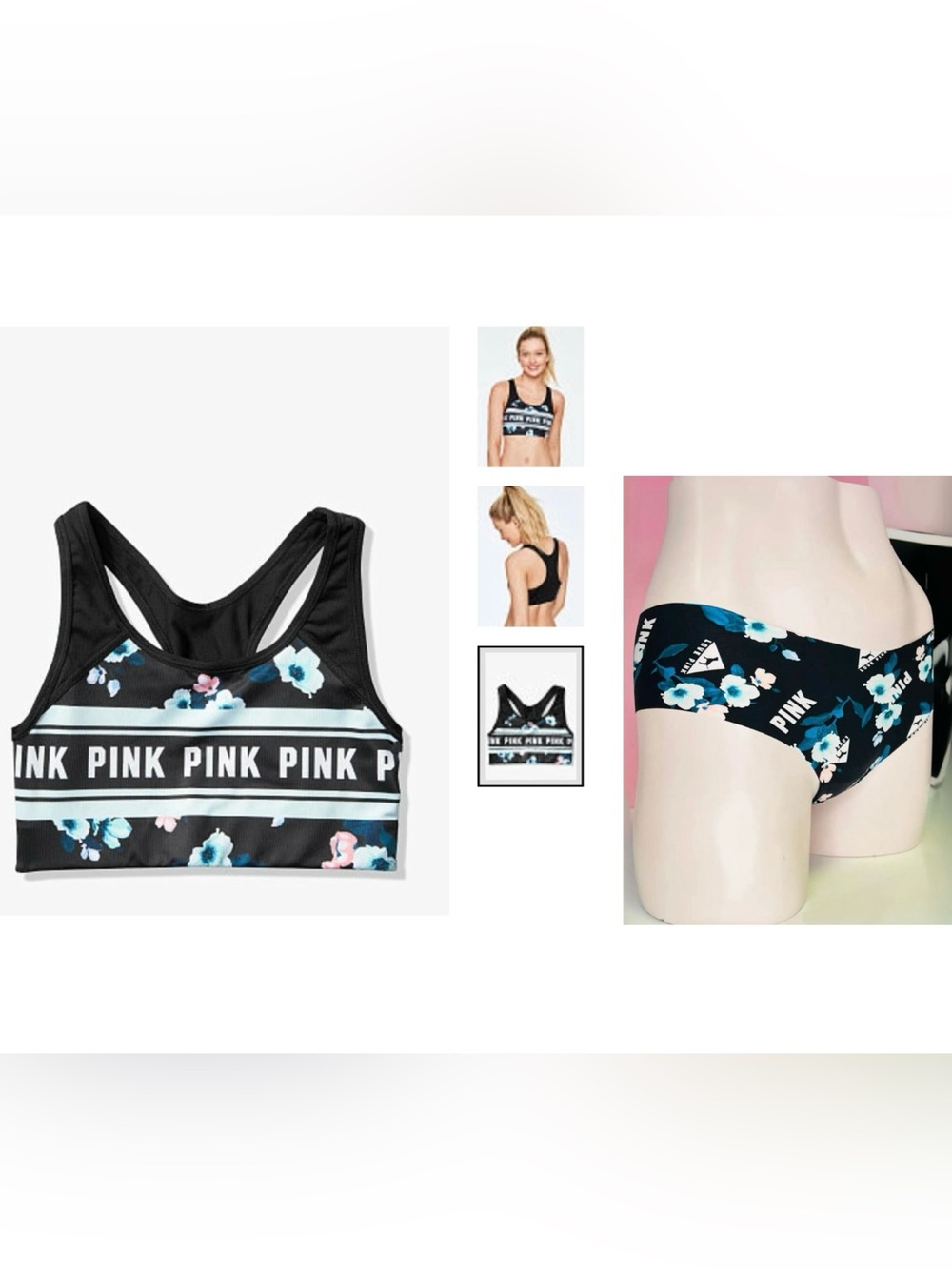 PINK Victoria's Secret Black Floral Logo Sports Bra & Panty